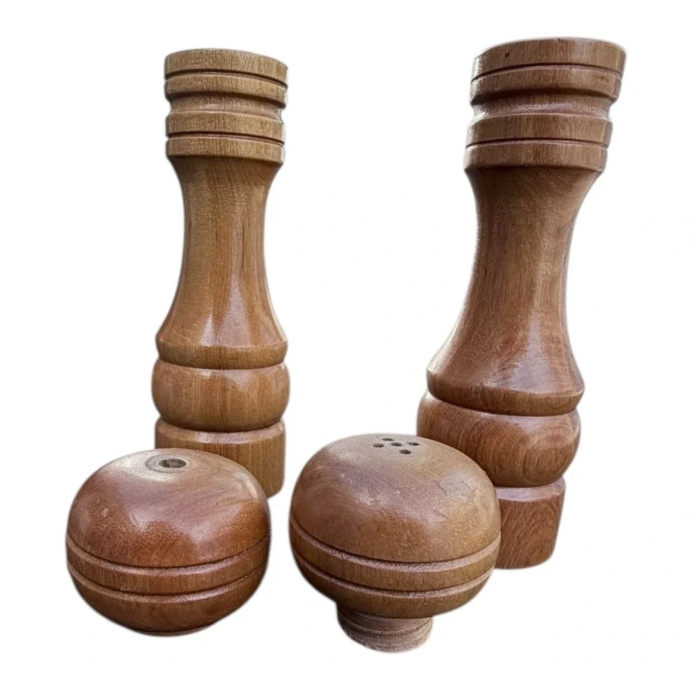 Vintage Wood Salt Shaker and Pepper Mill Set Brown Hand Turned Japan Kitchenware